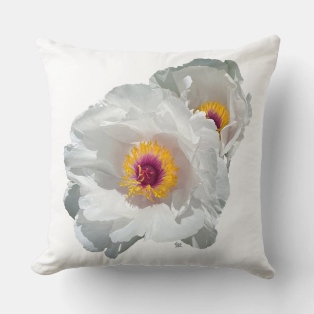 Helles, weißes Peony Throw Kissen (Vorderseite)