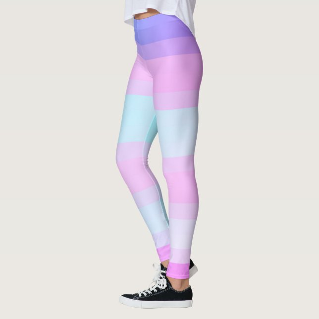 Hellfarbene blaue rosa grüne Pastellstreifen Leggings (Links)