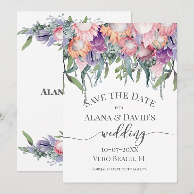 Hellfarbene exotische Protea-Blume Save the Date Ankündigung (Vorne/Hinten)