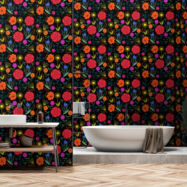 Hellfarbige Blume auf schwarz Tapete (Badezimmer)