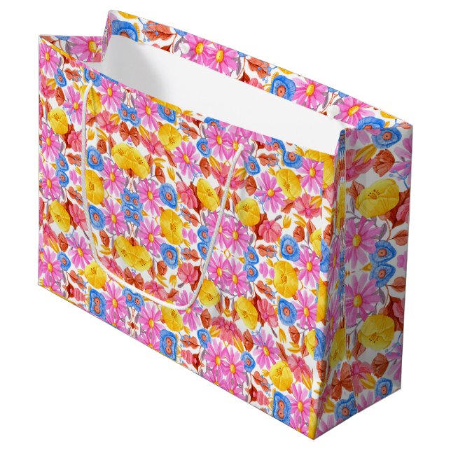 Hellfarbige Geschenktasche mit floralem Design  Große Geschenktüte (Vorderseite Schrägansicht)