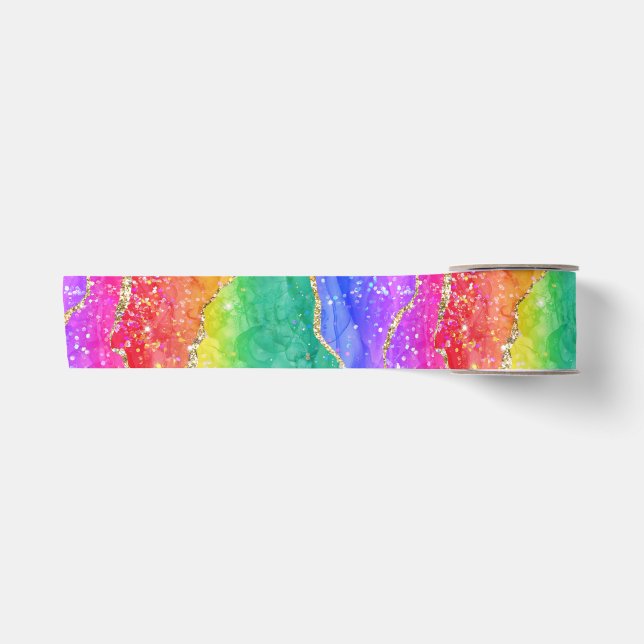Hellfarbiger Regenbogen-Glitzer Gold Agate Satinband (Vorderseite)