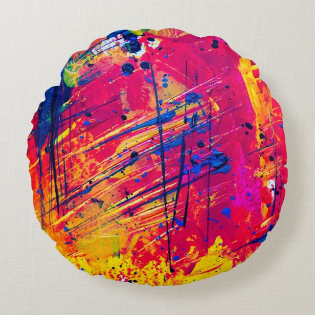 Hellfarbiger Spritzer Paint Abstrakt Rundes Kissen (Vorderseite)