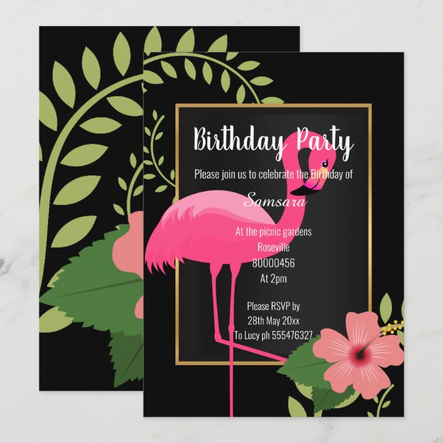 HELLFLAMINGO HIBISKUS SCHWARZPINK GOLD EINLADUNG (Vorne/Hinten)