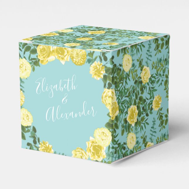 Hellgelb & Aqua Aquamarine Rose Blumenzehen Geschenkschachtel (Vorderseite)