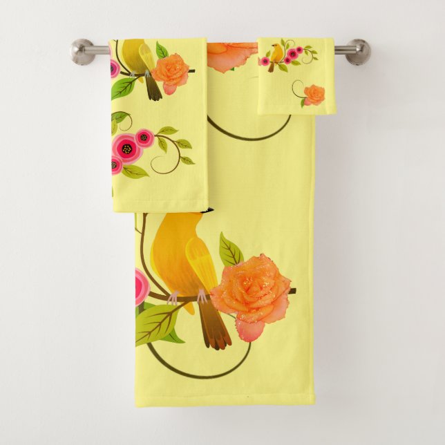 Hellgelb - Bird & Gelb Rose Badhandtuch Set (Insitu)