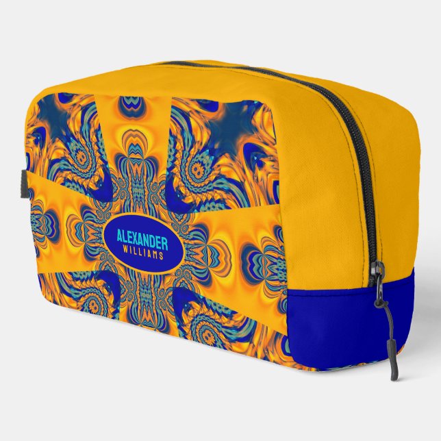 Hellgelb Blau Modernes Batik-Fraktal Waschbeutel (Rechte Ecke)