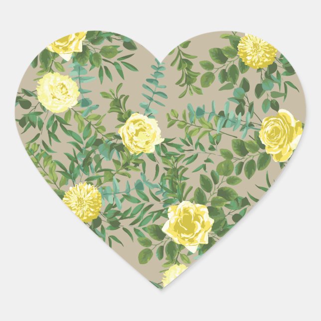 Hellgelb & Khaki Ecru Rose Blumenzehen Herz-Aufkleber (Vorderseite)