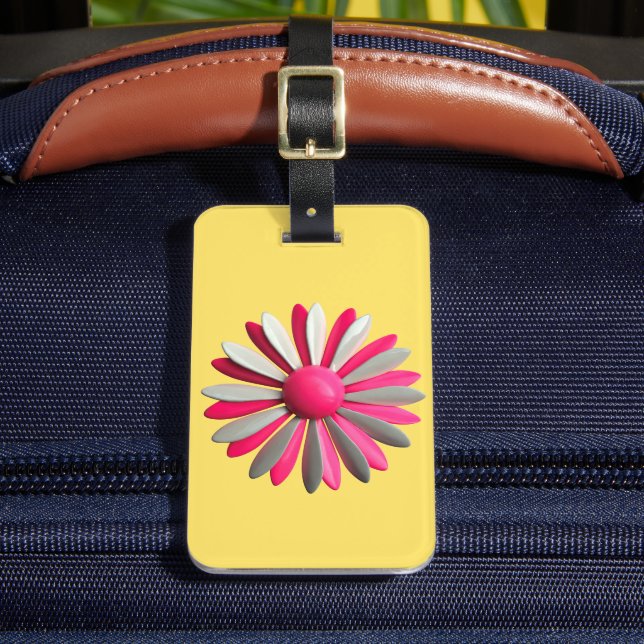 Hellgelb rosa Funky MOD Retro Daisy Blume Gepäckanhänger (Vorderseite Insitu 2)