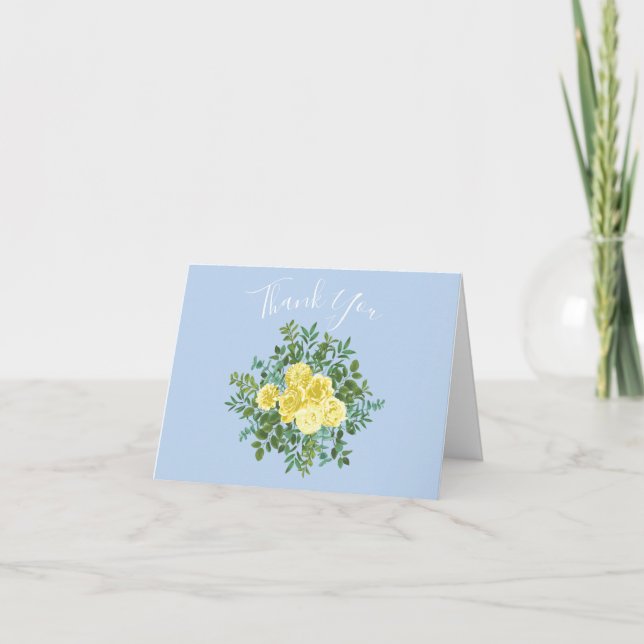 Hellgelb und blass blaue Rose Blumengrün Vielen Da Dankeskarte (Vorderseite)