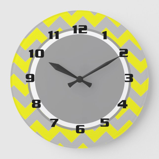 Hellgelb und grau Zickzack Muster Große Wanduhr (Vorderseite)