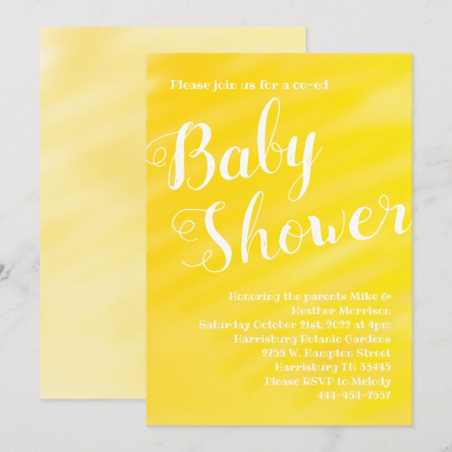 Hellgelbe Babydusche Geschlecht neutrale Co-Ed Einladung (Vorne/Hinten)
