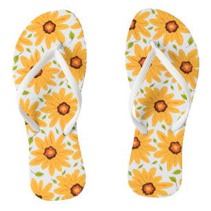 Hellgelbe handgemalte, dunkle Blume auf Weiß Flip Flops