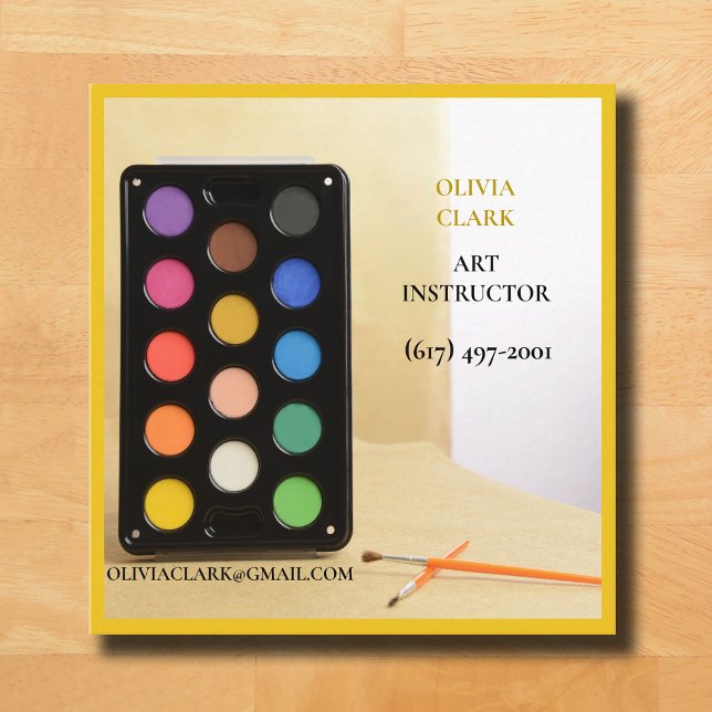 Hellgelbe Künstlerin/Tutor/Lehrerin Art Lehrerin Quadratische Visitenkarte (Yellow Business Card Multicolor Water Palette )