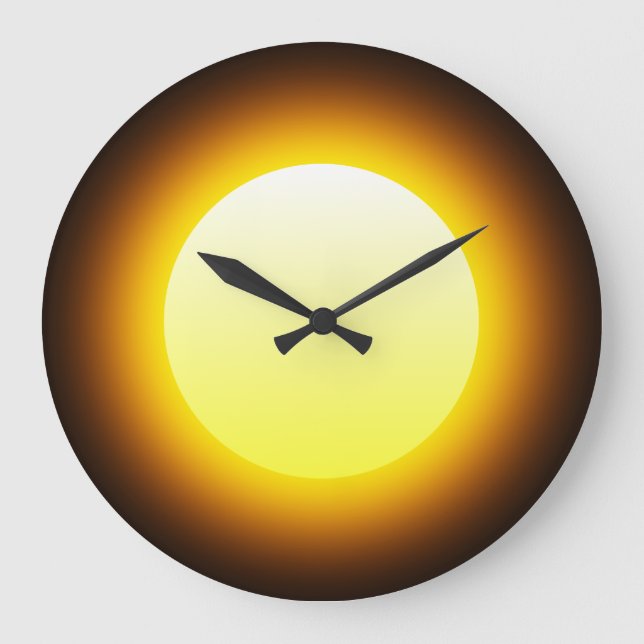Hellgelbe leuchtende Sonne auf schwarz Große Wanduhr (Vorderseite)