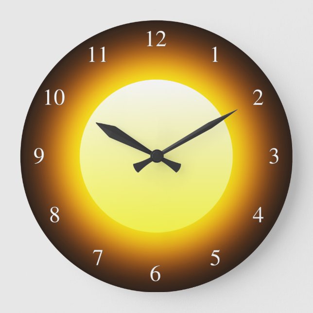 Hellgelbe leuchtende Sonne auf schwarzen kleinen Z Große Wanduhr (Vorderseite)