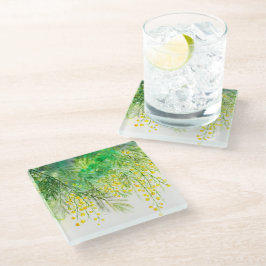 Hellgelbe Mimosa Aquarellfarben Blume Malerei Glasuntersetzer