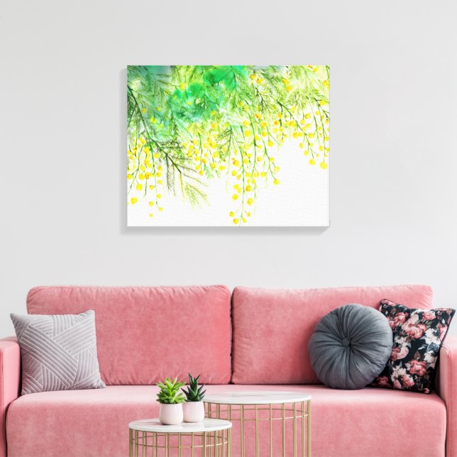 Hellgelbe Mimosa Aquarellfarben Blume Malerei Leinwanddruck (Insitu (Wohnzimmer))