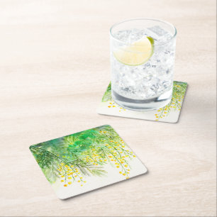 Hellgelbe Mimosa Aquarellfarben Blume Malerei Rechteckiger Pappuntersetzer