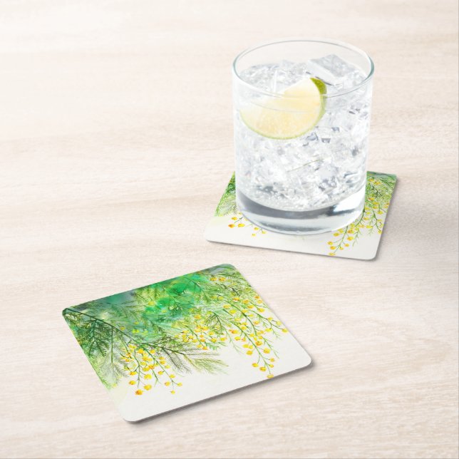 Hellgelbe Mimosa Aquarellfarben Blume Malerei Rechteckiger Pappuntersetzer (Vor Ort)