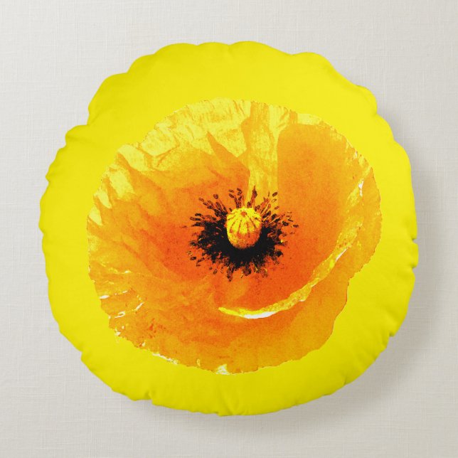 Hellgelbe Mohnblume Blume Abstrakte Hochzeit Rundes Kissen (Vorderseite)