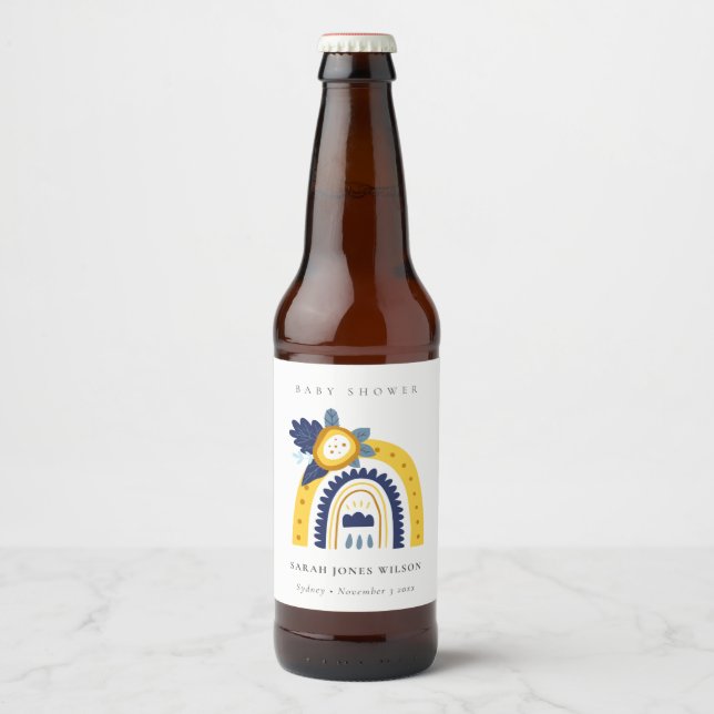 Hellgelbe Navy Boho Bläsernchen Rainbow Baby Dusch Bierflaschenetikett (Vorderseite)