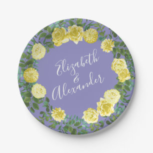 Hellgelbe Periwinkle Blaue Rose Blumenzehen Pappteller