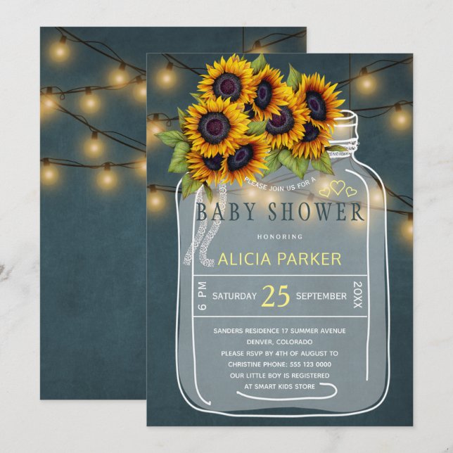 Hellgelbe Sonnenblumen Mason Jar Babydusche Einladung (Vorne/Hinten)