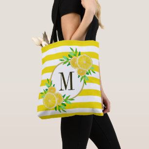 Hellgelbe Streifen Zitronenfrüchte Monogramm Tasche