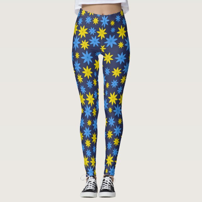 Hellgelbe und blaue Blumenmuster Leggings (Vorderseite)