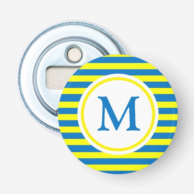 Hellgelbe und blaue Streifen Monogramm Flaschenöffner (Vorderseite)