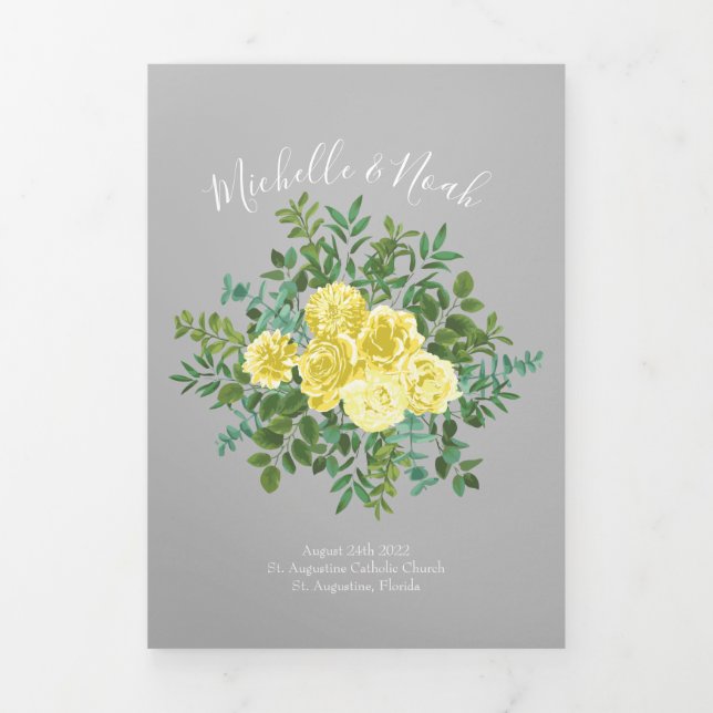 Hellgelbe und graue Hochzeitsprogramme mit Rose Dreifach-gefaltete Programmkarte (Cover)