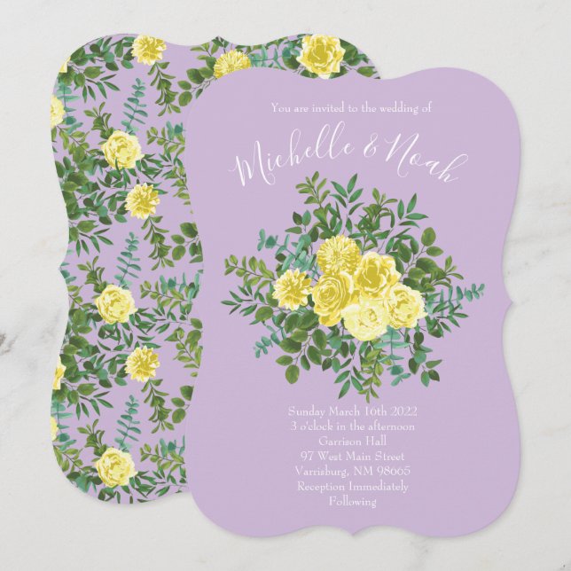 Hellgelbe und Lilac Lila Rose Blumenzehen Einladung (Vorne/Hinten)