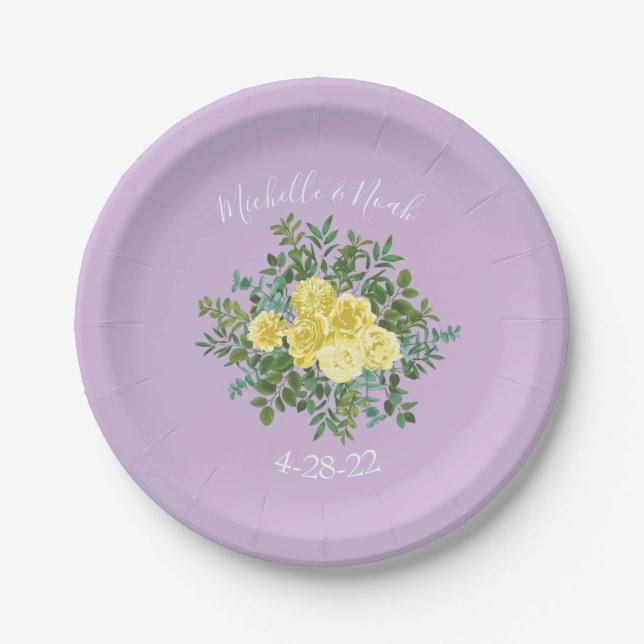 Hellgelbe und Lilac Lila Rose Blumenzehen Pappteller (Vorderseite)