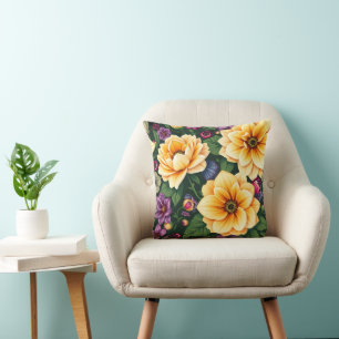 Hellgelbe und violette Blumen farbenfrohe Blumen Kissen