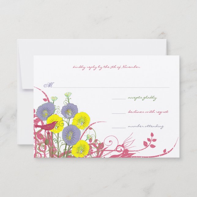 Hellgelbe violette Wildblume Rosa Blütenhochzeit RSVP Karte (Vorderseite)