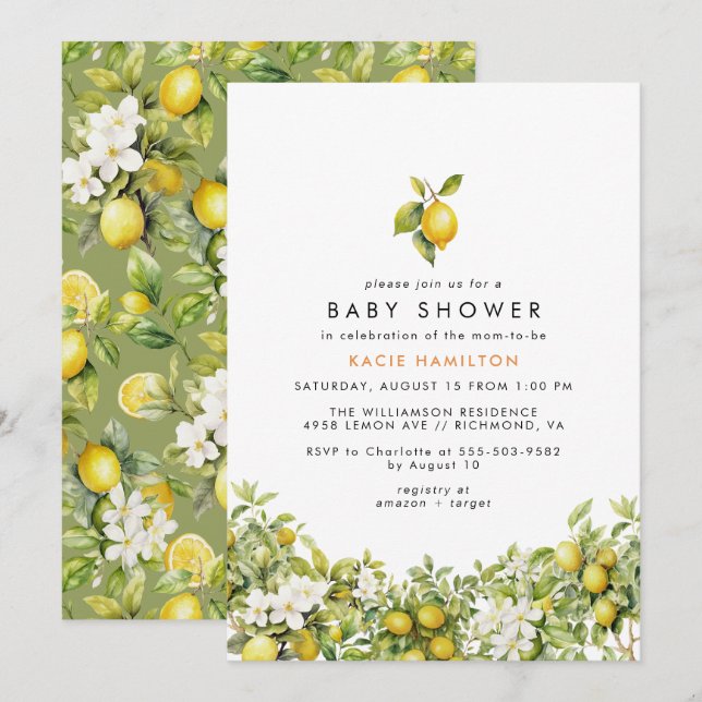 Hellgelber Lemon Garden | Summer Baby Dusche Einladung (Vorne/Hinten)