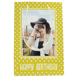 Hellgelber Polka Dot Custom Foto Geburtstag Mittlere Geschenktüte
