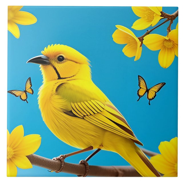 Hellgelber Songbird auf einem Zweig Fliese (Vorderseite)