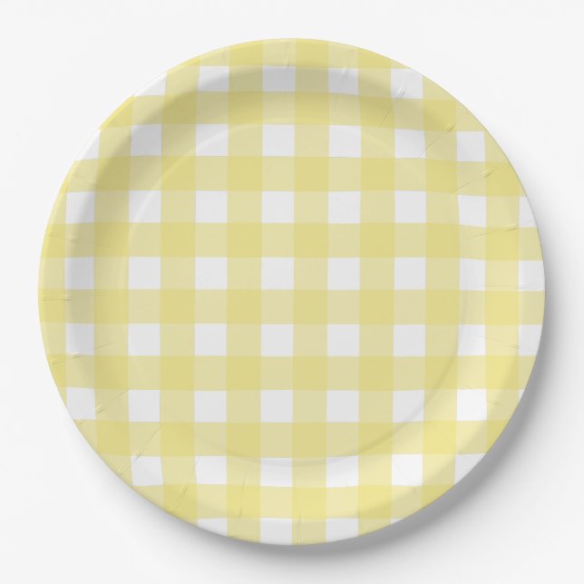 Hellgelber und weißer Gingham Pappteller (Vorderseite)