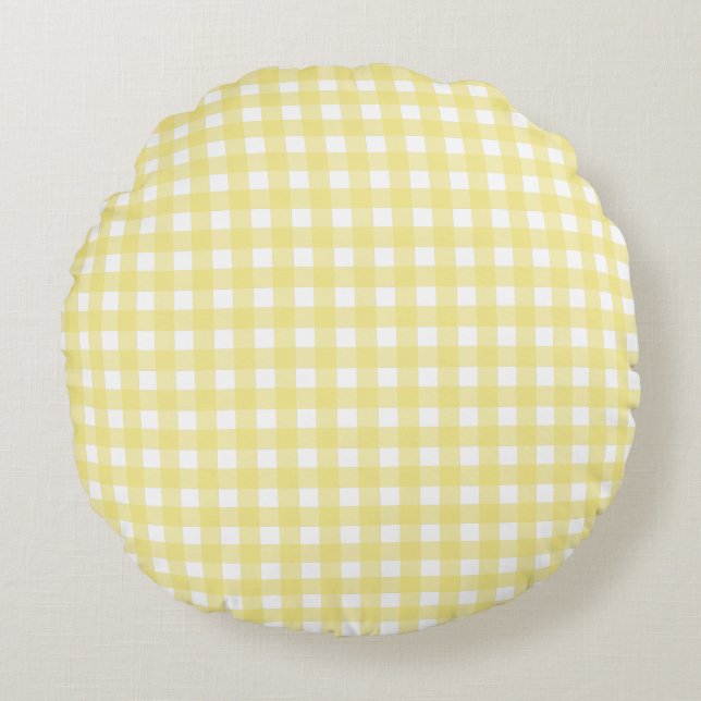 Hellgelber und weißer Gingham Rundes Kissen (Vorderseite)