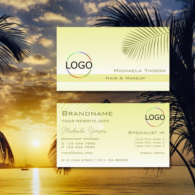 Hellgelbes Gradient Palm Leaf mit Logo Stilvoll Visitenkarte (Von Creator hochgeladen)