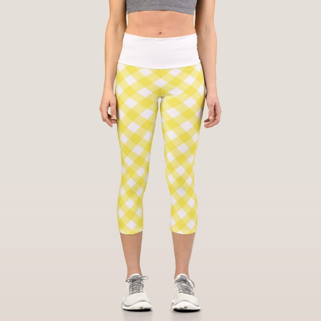 Hellgelbes klassisches Gingham-Muster Capri Leggings (Vorderseite)
