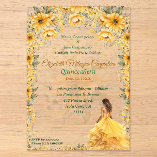 Hellgelbes Quinceañera Blumendesign Acryleinladungen