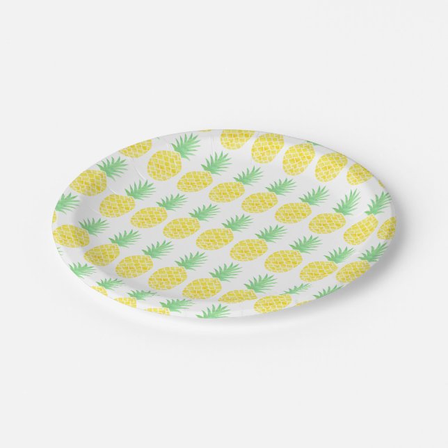Hellgelbes und grünes Ananas-Muster Pappteller (Schrägansicht)
