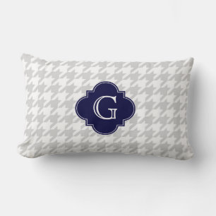 Hellgrau Weiß Houndstooth Navy Monogramm Etikett Lendenkissen