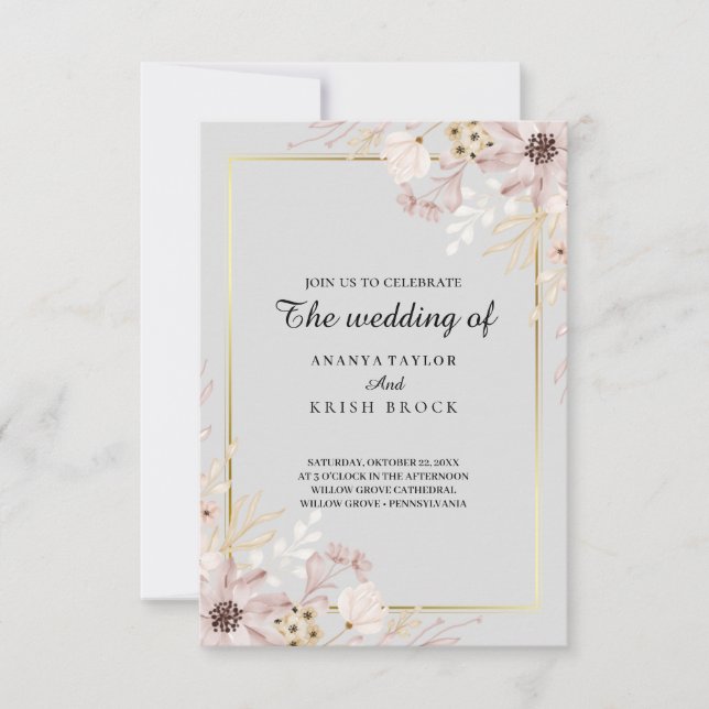 Hellgraue Elegante Hochzeit der Blumen Einladung (Vorderseite)
