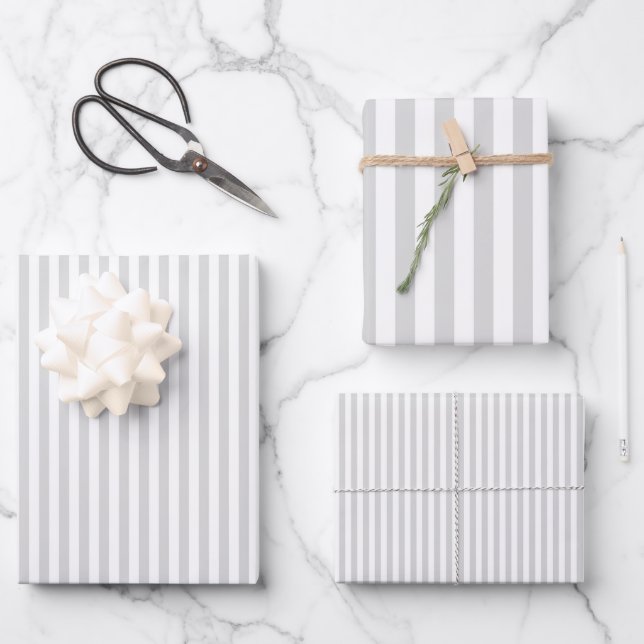 Hellgraue und weiße Streifen Geschenkpapier Set (Vorderseite)