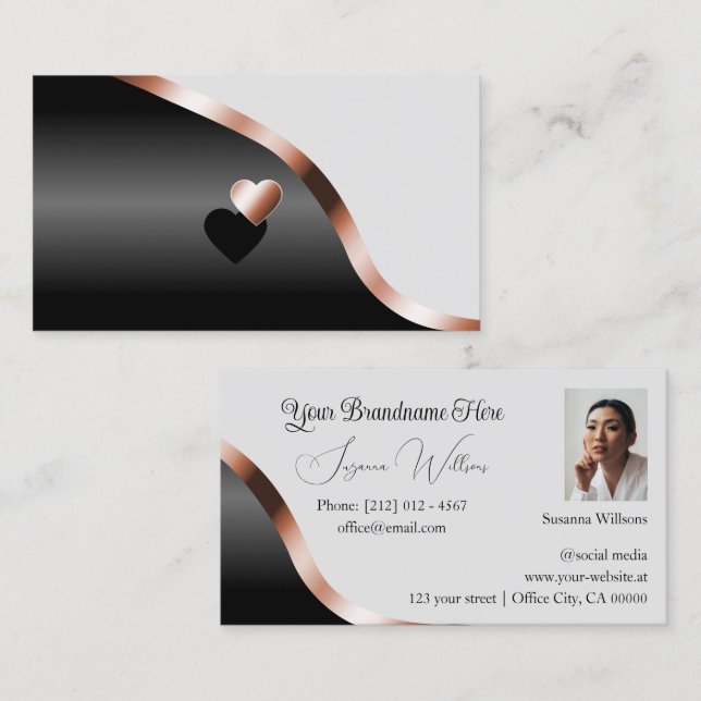 Hellgraues Schwarz Wavy Rose Gold Decke Herz Foto Visitenkarte (Vorne/Hinten)