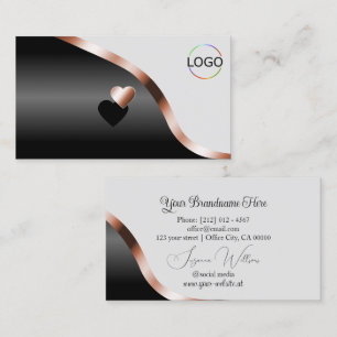 Hellgraues Schwarz-Weiß-Rose-Gold-Deco-Herz-Logo Visitenkarte
